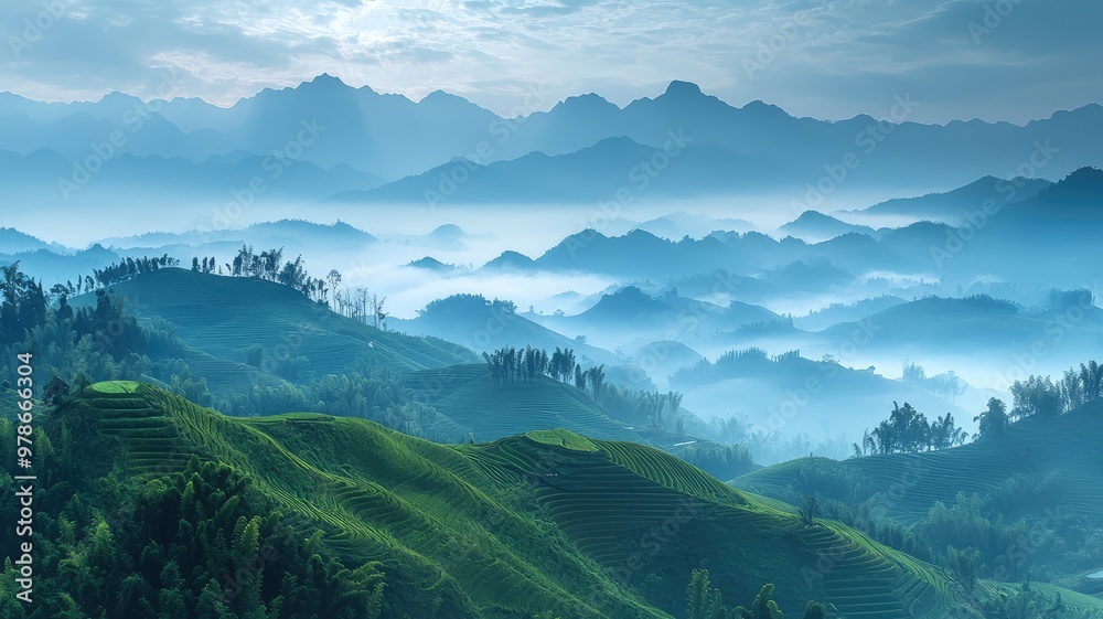 Fototapeta premium Stunning misty mountains with lush green hills, creating a serene and tranquil landscape under a cloudy sky.