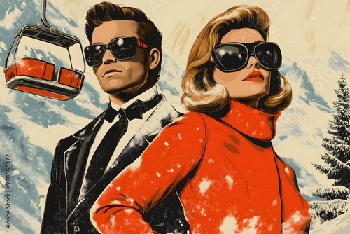 Glamorous couple in winter resort setting, vintage fashion with ski vacation aesthetics