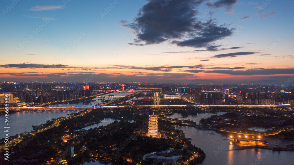 Fototapeta premium Aerial photography of the night view of the Bahe River in Xi'an, China