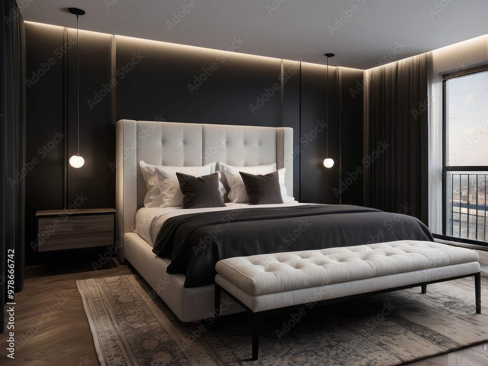 Modern Bedroom with Large Bed, Grey Bedding, and White Upholstered Bench
