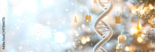 A detailed design featuring a DNA double helix artistically transformed into a New Year tree, merging the theme of genetics with festive celebration, ideal for scientific and holiday visuals
