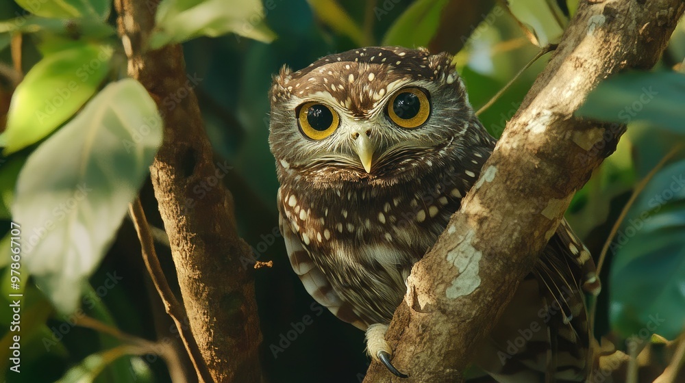 A collared owlet emerging from a dense canopy, with its distinctive collar and features prominent. A collared owlet emerging from a dense canopy, with its distinctive collar and features prominent.