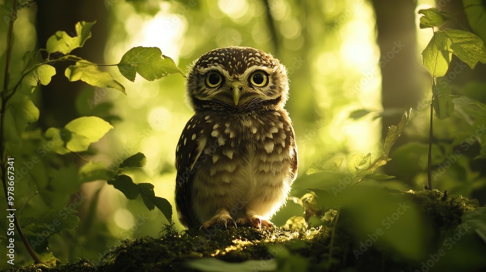 Fototapeta premium A collared owlet in a forest clearing, surrounded by dappled sunlight and greenery.