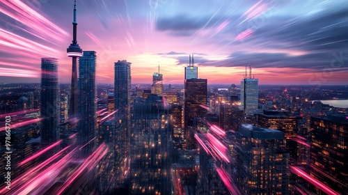 Vibrant Toronto Cityscape with Pink Light Trails Capturing Urban Technology's Fast-Paced Rhythm at Sunset