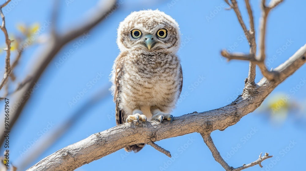 A collared owlet perched on a tree branch with a clear, blue sky in the background. A collared owlet perched on a tree branch with a clear, blue sky in the background.