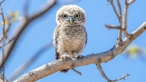 A collared owlet perched on a tree branch with a clear, blue sky in the background.