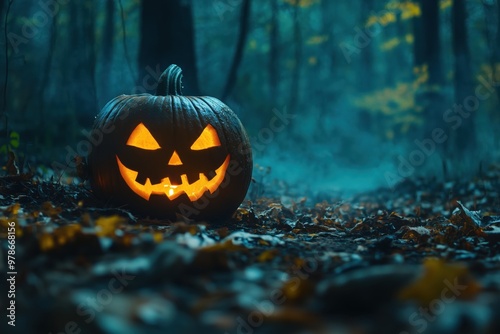 A pumpkin in a scary forest at night with ghosts and fog. halloween photo