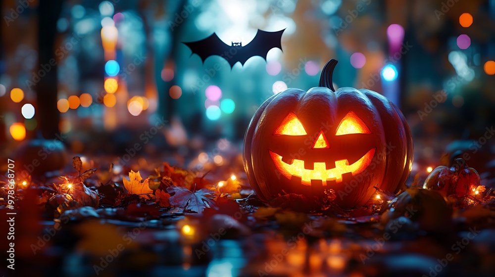 A Festive Halloween Pumpkin Surrounded by Colorful Leaves and Bokeh Lights