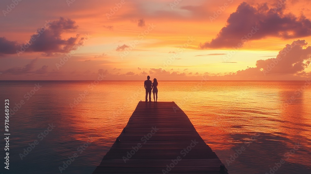 A couple standing on a wooden jetty, watching the sunrise in the Maldives. A couple standing on a wooden jetty, watching the sunrise in the Maldives.