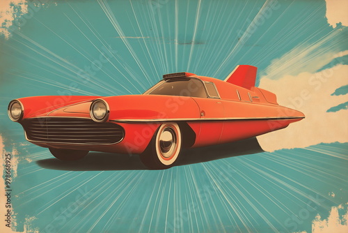 Futuristic red concept car with streamlined design and rocket-like features, retro sci-fi and innovative automotive design themes