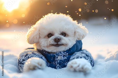 Fluffy white Bichon Frise in blue winter coat enjoying snowy landscape photo