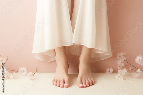 Elegant presentation of bare feet in soft white fabric with delicate flowers on a pink backdrop photo