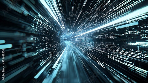 A 3D search bar zooming through a tunnel of data, symbolizing rapid search engine processing