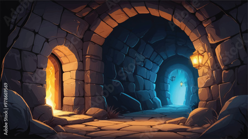 Cartoon Style Secret Passage with Cobwebs, Stone Walls, and Dim Torches Illustration