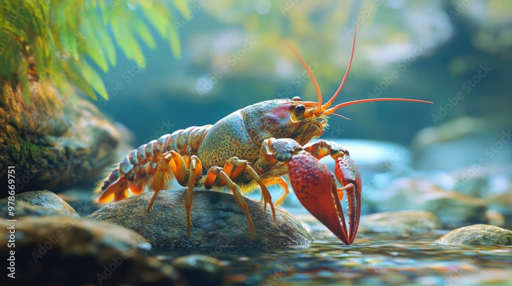 A crayfish with vibrant colors and detailed texture, captured in its natural river environment. A crayfish with vibrant colors and detailed texture, captured in its natural river environment.