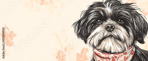 Portrait of shaggy black and white dog wearing floral bandana. Pet grooming, accessories or greeting card designs with copy space