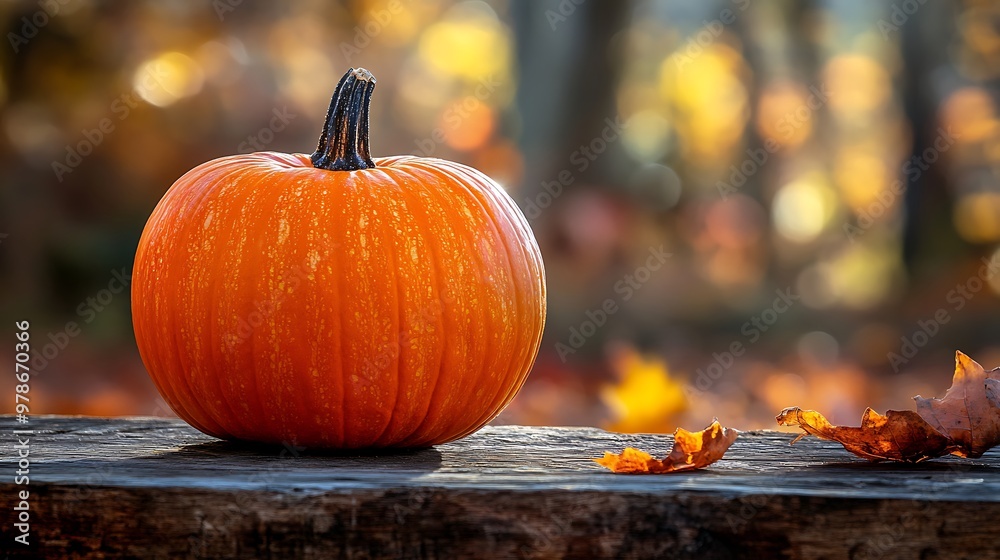 A Beautiful Autumn Pumpkin on a Rustic Wooden Table Surrounded by Fall Colors A Beautiful Autumn Pumpkin on a Rustic Wooden Table Surrounded by Fall Colors