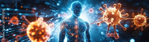 A digital representation of the human body interacting with viruses, highlighting the complexities of the immune system.