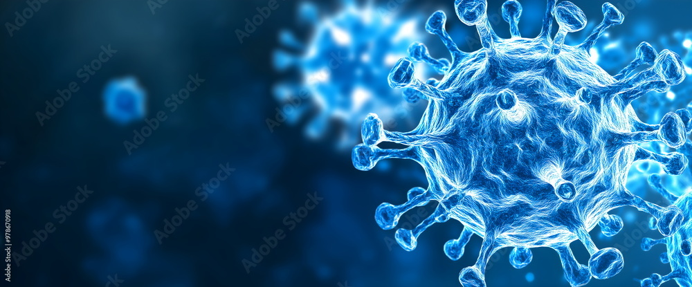 Microscopic view of blue coronavirus cell structure. Scientific visualization for medical research and health awareness. Place for text Microscopic view of blue coronavirus cell structure. Scientific visualization for medical research and health awareness. Place for text