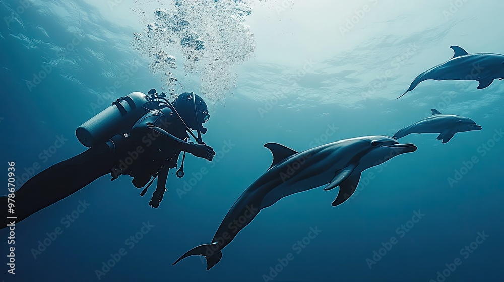 Obraz premium A diver swimming with dolphins in the open waters of the Maldives.