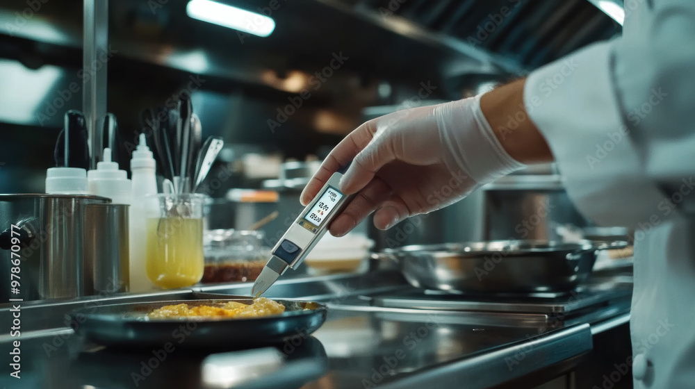 A chef using digital thermometer to check temperature of food in modern kitchen A chef using digital thermometer to check temperature of food in modern kitchen
