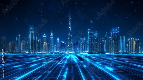 Futuristic Dubai Cityscape with Blue Neon Speed Lines against Starry Night Sky - Concept of Technological Advancement in Urban Environment