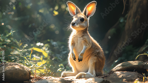 illustration of a small kangaroo in the forest and rocks photo