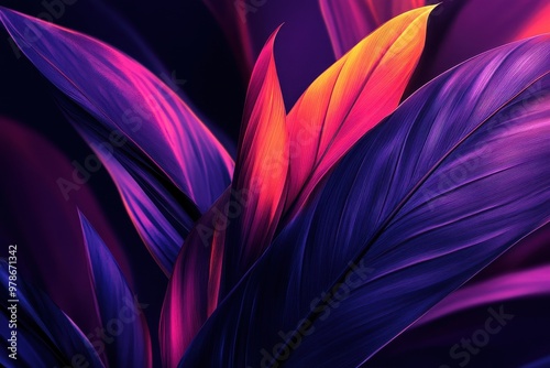 Vibrant, stylized leaves in shades of purple and orange against a dark background.