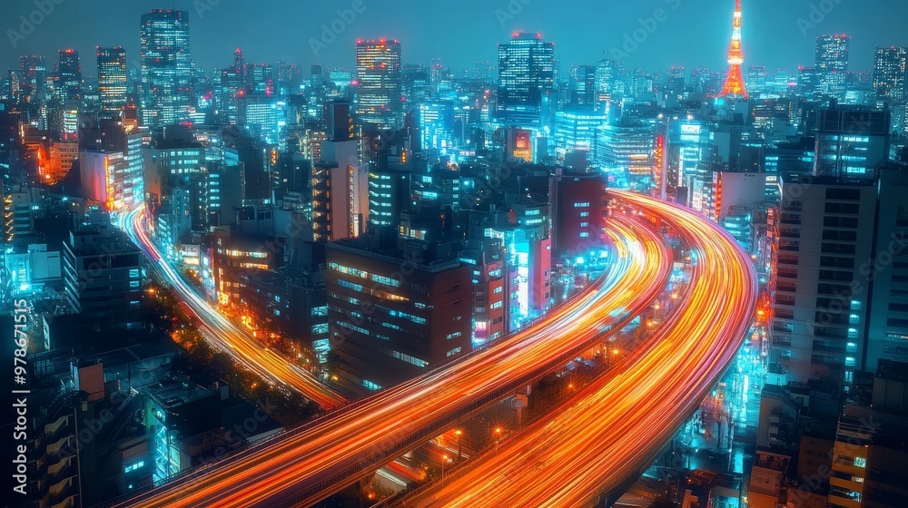 Fototapeta premium Neon Lights of Tomorrow: Abstract Tokyo Skyline with Futuristic Speed and Technology