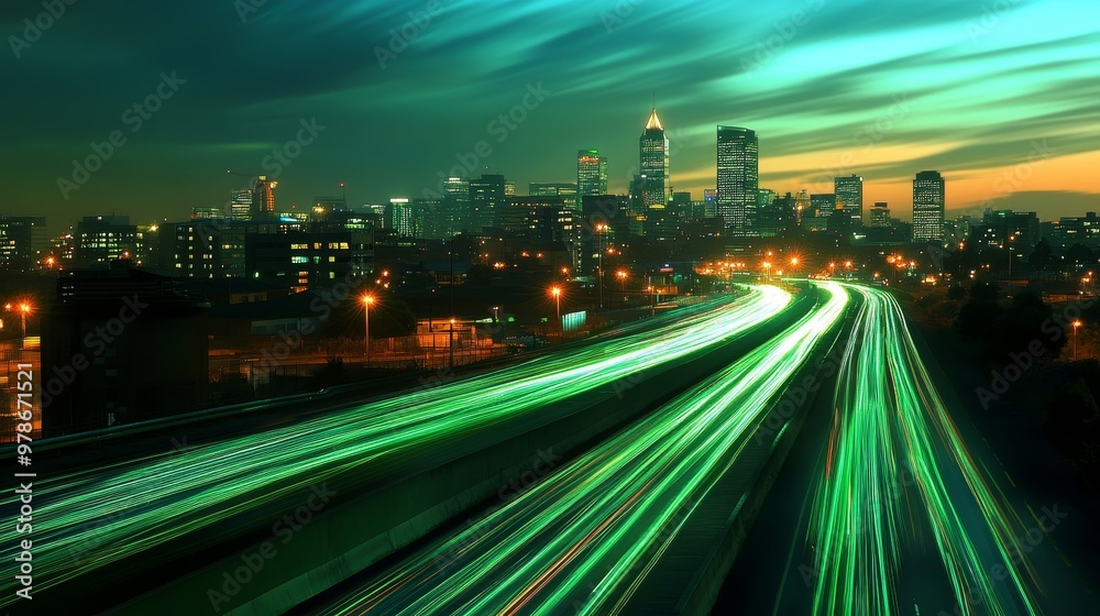 Naklejka premium Dynamic Urban Pulse - Abstract Johannesburg Skyline with Vibrant Green Light Trails in Motion Blur