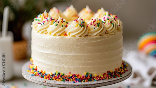 A beautifully decorated cake with creamy frosting and colorful sprinkles, perfect for celebrations and special occasions.