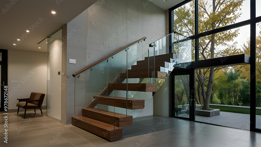 Fototapeta premium Modern staircase design with sleek, transparent railings showcasing elegance and contemporary style.