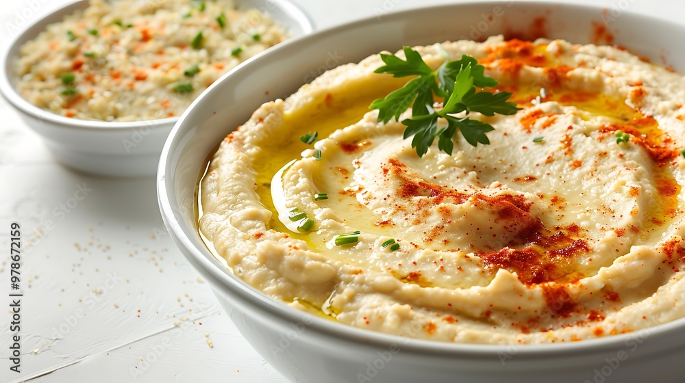 Abowl of hummus with olive oil and paprika isolated on a clean background 