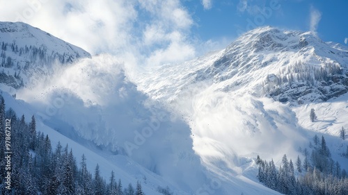 A breathtaking winter landscape featuring snow-covered mountains and dramatic snow clouds, capturing the essence of alpine beauty. photo