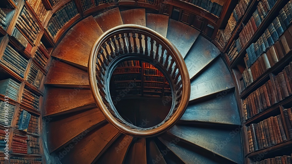 Obraz premium A captivating spiral staircase surrounded by books, showcasing architectural elegance in a warm, inviting library setting.