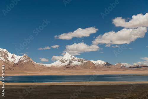 Plateau lakes and snow capped mountains in Xinjiang Autonomous Region, China