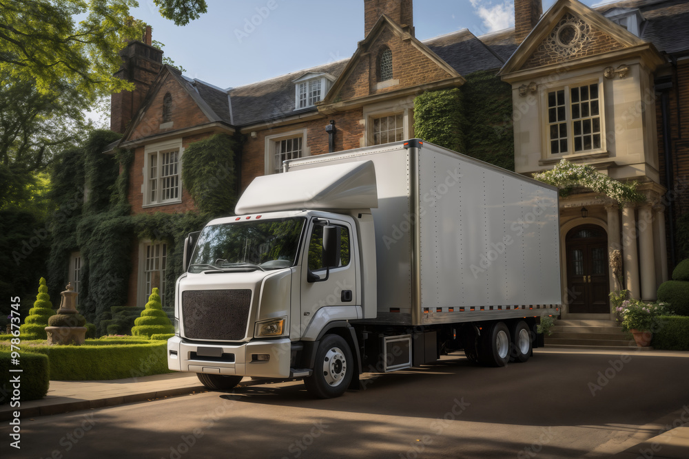a white clean lorry in front of a house, ready to transport things to move to another place a white clean lorry in front of a house, ready to transport things to move to another place