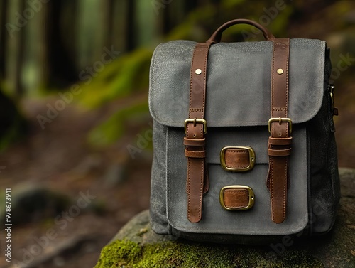 Close-up shot of a rugged canvas travel backpack photo