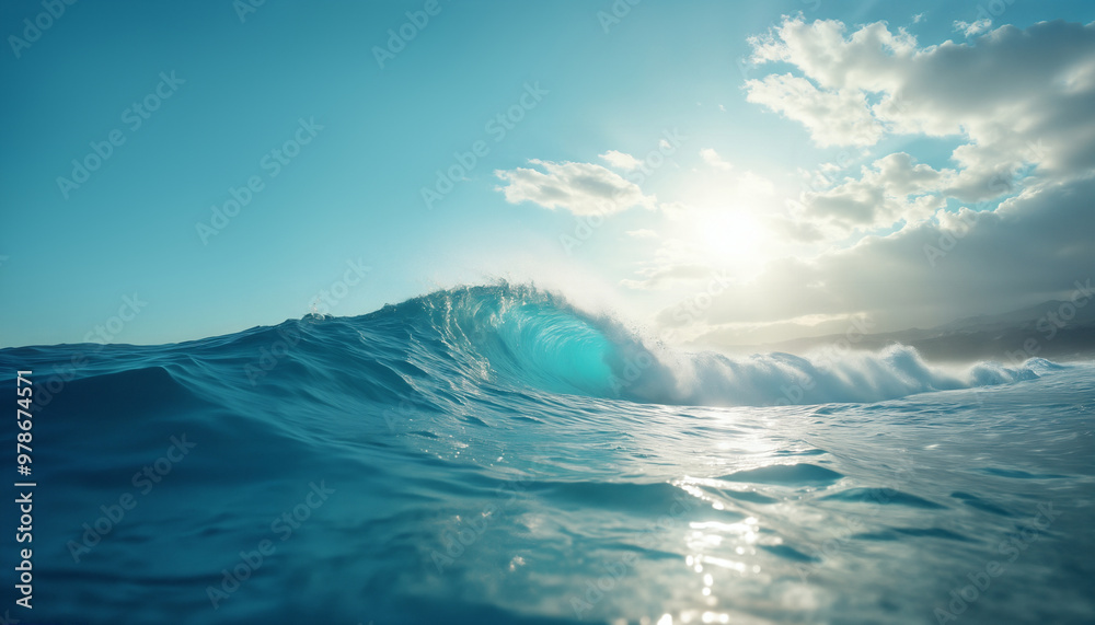 Naklejka premium a large and beautiful ocean wave, against a blue sky background, a paradise seascape