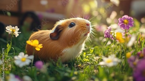 A guinea pig exploring a garden, with its tiny nose sniffing the grass and flowers. photo