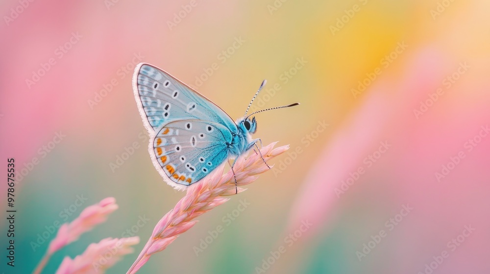 Obraz premium A beautiful butterfly perched on the top of a blade of grass