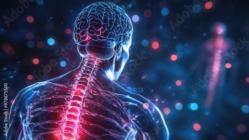 A digital representation of the human brain and spine, showcasing neural connections and vibrant energy in a dynamic environment.