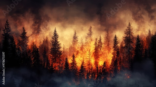 A dramatic depiction of a forest fire, showcasing bright flames amidst dark smoky skies and silhouetted trees.