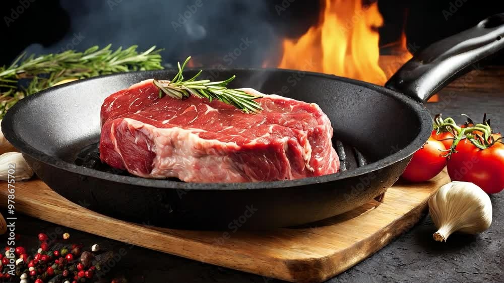 Raw Steak Sizzling and seasoning on ignited pan. Raw Steak Sizzling and seasoning on ignited pan.