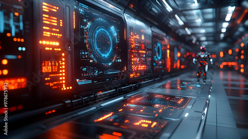 Futuristic Spaceship Interior with Digital Displays and a Robot 3d Illustration