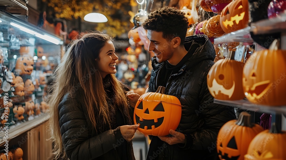 Fototapeta premium A couple laughs while trying on Halloween masks