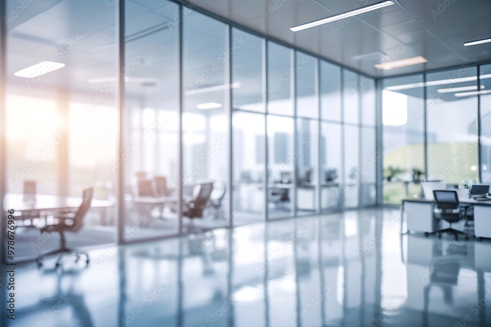 Defocused and blurred background of a stylish, light-filled office interior with expansive windows and warm, natural lighting. Made with Generative AI Technology