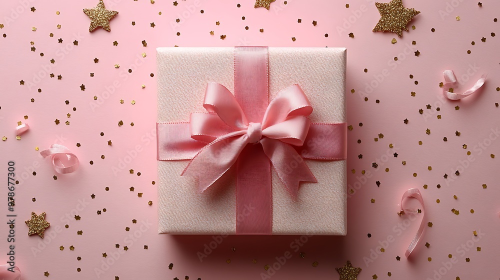 Pink gift box with a pink ribbon on a pink background with gold confetti and stars. Pink gift box with a pink ribbon on a pink background with gold confetti and stars.