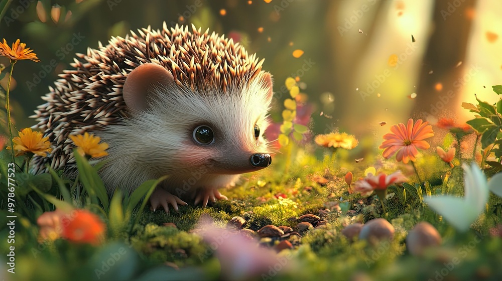 A hedgehog foraging for food in a lush garden, with its tiny nose sniffing the ground. A hedgehog foraging for food in a lush garden, with its tiny nose sniffing the ground.