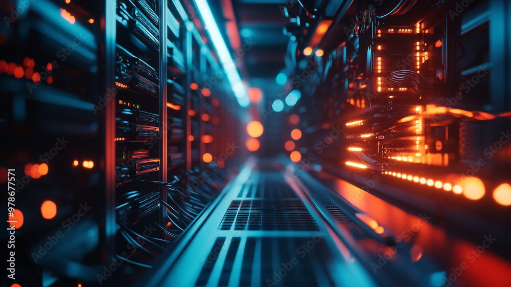Illuminated server room with glowing technology highlighting network connectivity and data storage